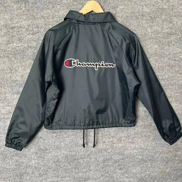 Champion Windbreaker Womens Medium Black Cropped Sporty Logo Spellout Jacket - Picture 4 of 16